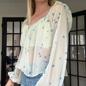 Sheer Cream Blouse with Blue Floral Print